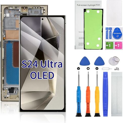 قطعة بديلة لشاشة OLED لهاتف Samsung Galaxy S24 Ultra 5G مع إطار ومستشعر بصمة الإصبع - تتضمن مجموعة أدوات كاملة ودليل التثبيت (S24Ultra-Black) in Kuwait