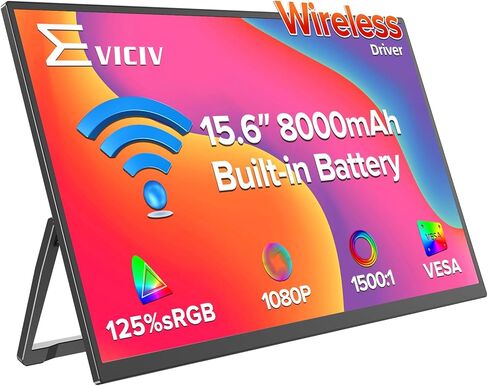Wireless Portable Monitor with 8000mAh Battery, 15.6" Wireless Monitor, Support AirPlay, Miracast Laptop Display, USB-C & MINI HDMI & VESA, Travel Second Screen for Laptop, Computer, Game Consoles in Saudi Arabia