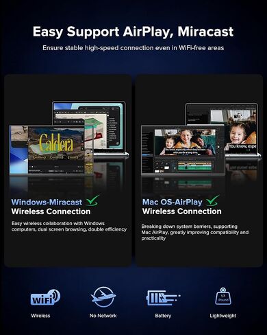 Wireless Portable Monitor with 8000mAh Battery, 15.6" Wireless Monitor, Support AirPlay, Miracast Laptop Display, USB-C & MINI HDMI & VESA, Travel Second Screen for Laptop, Computer, Game Consoles in Saudi Arabia