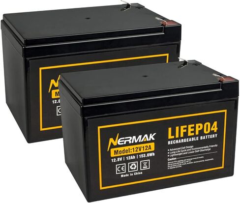 NERMAK 2 حزمة 12V 12Ah LiFePO4 بطارية دورة عميقة، 2000+ دورة بطارية ليثيوم فوسفات الحديد القابلة لإعادة الشحن للطاقة الشمسية، والإضاءة، وعجلات الطاقة، ومكتشف الأسماك، والدراجات البخارية والمزيد، المدمج في 12A BMS in Kuwait