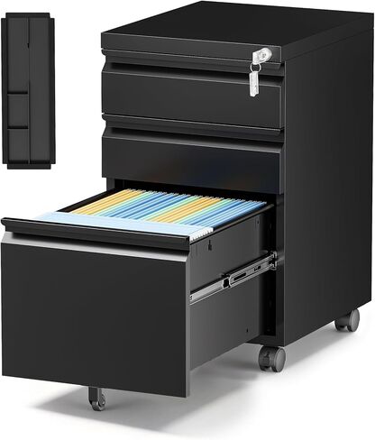 3 Drawer Metal File Cabinet with Lock,Mobile Lateral Filing Cabinet,Printer Stand Storage Cabinets with Shelves for Home Office(Black) in Saudi Arabia
