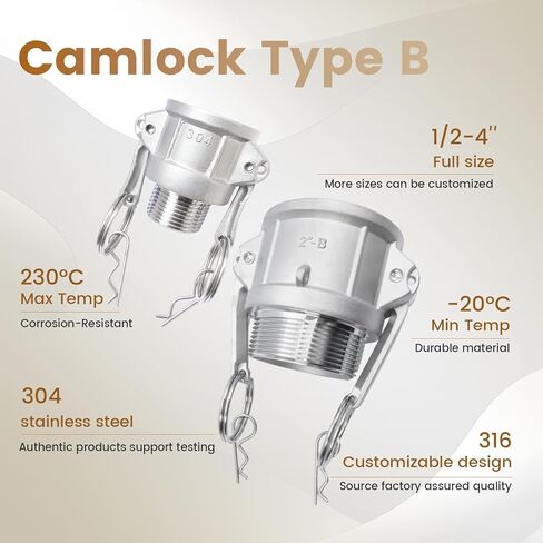 2 قطعة 304 الفولاذ المقاوم للصدأ نوع B تركيبات Camlock 2 "أنثى مقرنة ذكر NPT موصل الموضوع مع حلقة حشية مختومة لأنظمة السوائل الزراعية/الصناعية كام قفل كام الأخدود المناسب in Kuwait