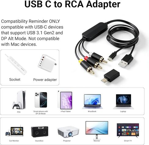 محول USB C إلى RCA، محول سلكي بطول 6 أقدام من النوع C ذكر إلى 3 RCA ذكر شاشة النسخ المتطابق مع محول USB A وUSB C in Kuwait