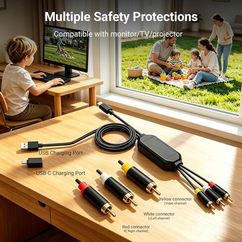 محول USB C إلى RCA، محول سلكي بطول 6 أقدام من النوع C ذكر إلى 3 RCA ذكر شاشة النسخ المتطابق مع محول USB A وUSB C in Kuwait