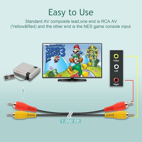 كابل AV لـ NES، كابل صوت وفيديو AV سلك اتصال RCA متوافق مع أنظمة Nintendo NES، مركب 1.8M/6FT إلى شاشة تلفزيون خارجية in Kuwait