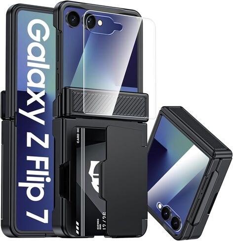CENMASO for Samsung Galaxy Z Flip 7 Case Wallet Card Holder [RFID Blocking] & Hinge Protection & HD Screen Protector, Rugged Full-Body Cover Shockproof Phone Case for Z Flip 7-Natural Titanium in Saudi Arabia
