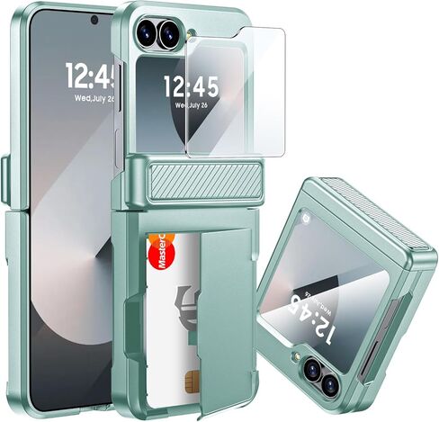 CENMASO for Samsung Galaxy Z Flip 7 Case Wallet Card Holder [RFID Blocking] & Hinge Protection & HD Screen Protector, Rugged Full-Body Cover Shockproof Phone Case for Z Flip 7-Natural Titanium in Saudi Arabia