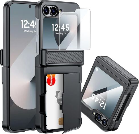 CENMASO for Samsung Galaxy Z Flip 7 Case Wallet Card Holder [RFID Blocking] & Hinge Protection & HD Screen Protector, Rugged Full-Body Cover Shockproof Phone Case for Z Flip 7-Natural Titanium in Saudi Arabia