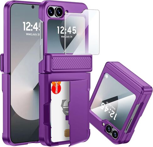 CENMASO for Samsung Galaxy Z Flip 7 Case Wallet Card Holder [RFID Blocking] & Hinge Protection & HD Screen Protector, Rugged Full-Body Cover Shockproof Phone Case for Z Flip 7-Natural Titanium in Saudi Arabia