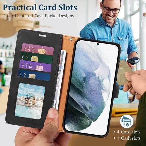 Wallet Case for Samsung Galaxy S21 - RFID Blocking PU Leather Flip Folio Cover, 4 Card Slots & Cash Pocket, Kickstand, Detachable Wrist Strap, Shockproof Protective Case (Black) in Saudi Arabia