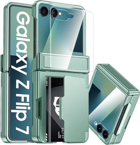 CENMASO for Samsung Galaxy Z Flip 7 Case Wallet Card Holder [RFID Blocking] & Hinge Protection & HD Screen Protector, Rugged Full-Body Cover Shockproof Phone Case for Z Flip 7-Natural Titanium in Saudi Arabia