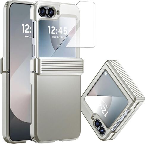 CENMASO for Samsung Galaxy Z Flip 7 Case Wallet Card Holder [RFID Blocking] & Hinge Protection & HD Screen Protector, Rugged Full-Body Cover Shockproof Phone Case for Z Flip 7-Natural Titanium in Saudi Arabia