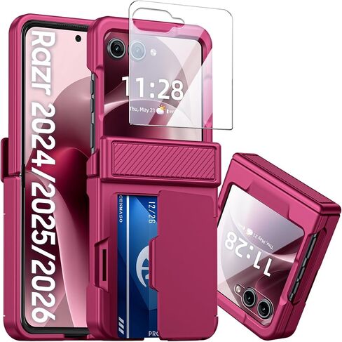 CENMASO for Samsung Galaxy Z Flip 7 Case Wallet Card Holder [RFID Blocking] & Hinge Protection & HD Screen Protector, Rugged Full-Body Cover Shockproof Phone Case for Z Flip 7-Natural Titanium in Saudi Arabia