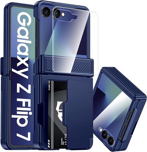 CENMASO for Samsung Galaxy Z Flip 7 Case Wallet Card Holder [RFID Blocking] & Hinge Protection & HD Screen Protector, Rugged Full-Body Cover Shockproof Phone Case for Z Flip 7-Natural Titanium in Saudi Arabia