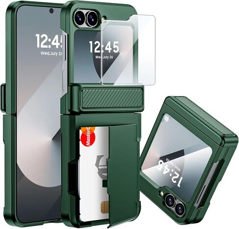 CENMASO for Samsung Galaxy Z Flip 7 Case Wallet Card Holder [RFID Blocking] & Hinge Protection & HD Screen Protector, Rugged Full-Body Cover Shockproof Phone Case for Z Flip 7-Natural Titanium in Saudi Arabia