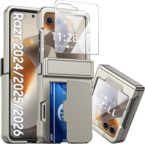 CENMASO for Samsung Galaxy Z Flip 7 Case Wallet Card Holder [RFID Blocking] & Hinge Protection & HD Screen Protector, Rugged Full-Body Cover Shockproof Phone Case for Z Flip 7-Natural Titanium in Saudi Arabia