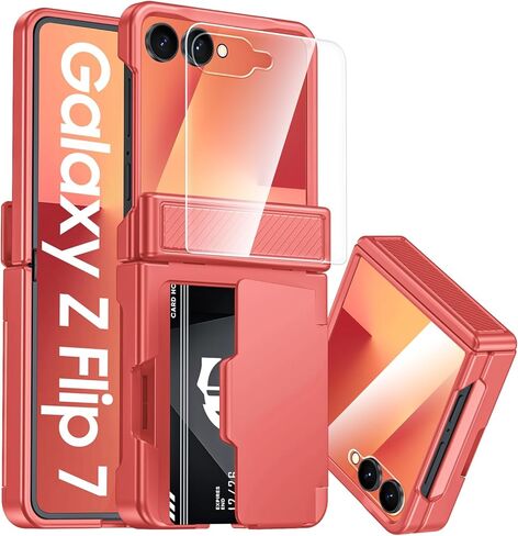 CENMASO for Samsung Galaxy Z Flip 7 Case Wallet Card Holder [RFID Blocking] & Hinge Protection & HD Screen Protector, Rugged Full-Body Cover Shockproof Phone Case for Z Flip 7-Natural Titanium in Saudi Arabia