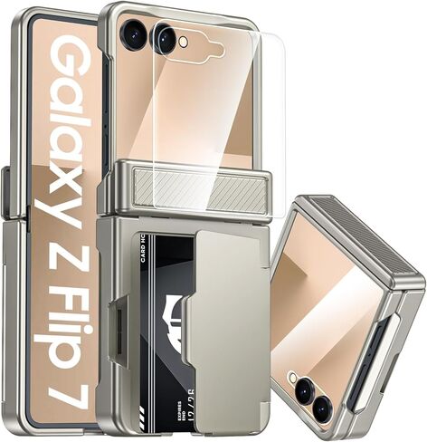 CENMASO for Samsung Galaxy Z Flip 7 Case Wallet Card Holder [RFID Blocking] & Hinge Protection & HD Screen Protector, Rugged Full-Body Cover Shockproof Phone Case for Z Flip 7-Natural Titanium in Saudi Arabia