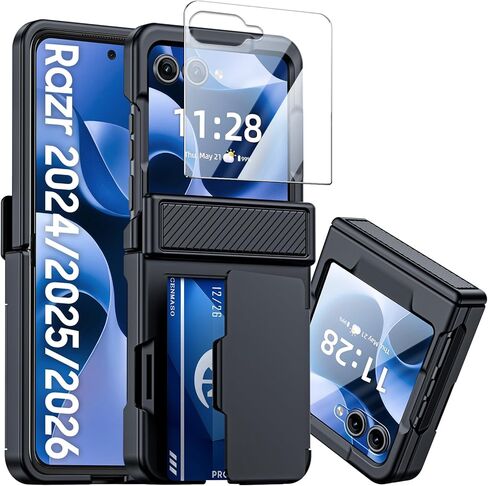 CENMASO for Samsung Galaxy Z Flip 7 Case Wallet Card Holder [RFID Blocking] & Hinge Protection & HD Screen Protector, Rugged Full-Body Cover Shockproof Phone Case for Z Flip 7-Natural Titanium in Saudi Arabia