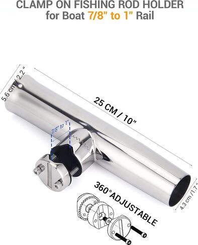 2PCS Boat Fishing Rod Holders, 316 Stainless Steel Rail Mount Rod Holders for Fishing Boat/Kayak, 360° Adjustable Clamp-On Design, Rust-Resistant with Rubber Insert in Saudi Arabia