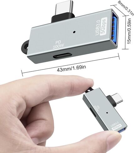 USB-C to USB 3.0 2 in 1 OTG Adapter, Right Angle USB C Male to USB 3.0 Female 5Gbps Converter with PD 100W Power Charging Port for Laptop Tablet Phone in Saudi Arabia