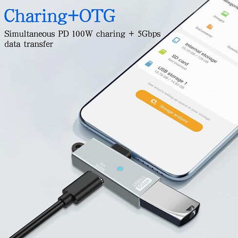 USB-C to USB 3.0 2 in 1 OTG Adapter, Right Angle USB C Male to USB 3.0 Female 5Gbps Converter with PD 100W Power Charging Port for Laptop Tablet Phone in Saudi Arabia