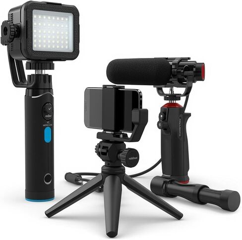 Starter kit with Mini Led Video Light +Pistol Mic+Universal Cell Phone Holder Clip+ Pistol Grip Tripot, Smartphone/Camera Compatible,Black in Saudi Arabia