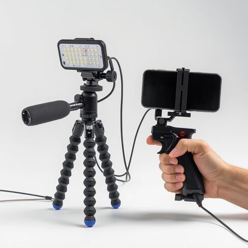 Starter kit with Mini Led Video Light +Pistol Mic+Universal Cell Phone Holder Clip+ Pistol Grip Tripot, Smartphone/Camera Compatible,Black in Saudi Arabia