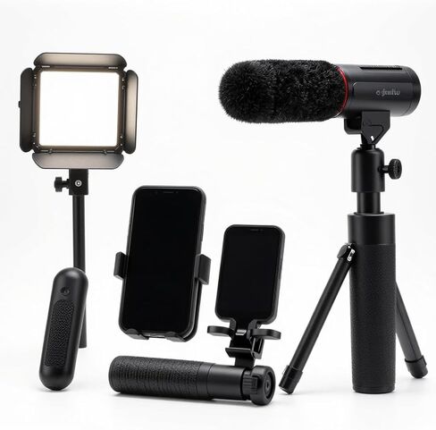 Starter kit with Mini Led Video Light +Pistol Mic+Universal Cell Phone Holder Clip+ Pistol Grip Tripot, Smartphone/Camera Compatible,Black in Saudi Arabia