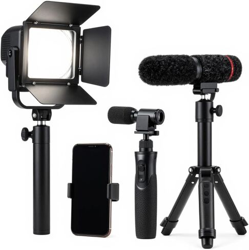 Starter kit with Mini Led Video Light +Pistol Mic+Universal Cell Phone Holder Clip+ Pistol Grip Tripot, Smartphone/Camera Compatible,Black in Saudi Arabia