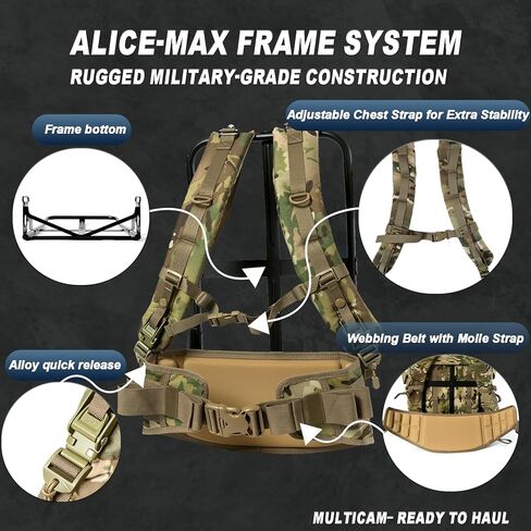 نظام إطار MT Military ALICE - نظام تعليق حقيبة ظهر بإطار خارجي مطور مع حزام خصر سريع التحرير من MOLLE وأشرطة كتف مبطنة - بني ذئب، دعم حزمة معيارية in Saudi Arabia