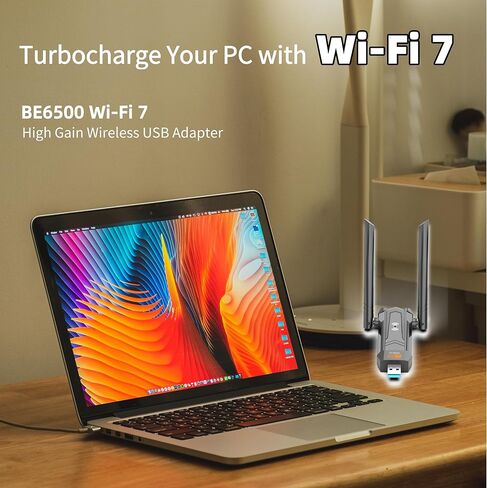 محول BE6500 Wi-Fi 7 USB WiFi لأجهزة الكمبيوتر المكتبية والكمبيوتر المحمول وبطاقة شبكة لاسلكية ثلاثية الموجات بسرعة 6452 ميجا بت في الثانية، وهوائيات عالية الكسب 5dBi، ومنفذ USB 3.0 بدون برنامج تشغيل لنظام التشغيل Windows 11/10 فقط in Kuwait