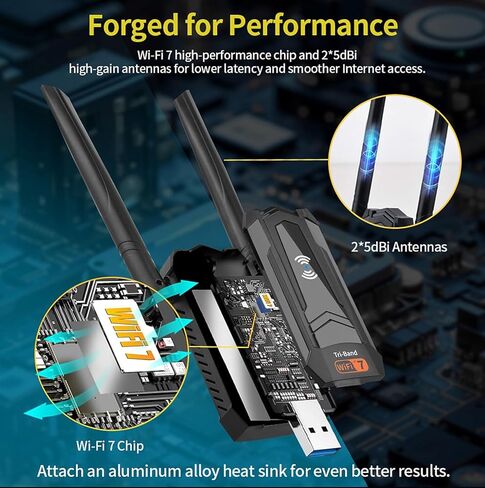 محول BE6500 Wi-Fi 7 USB WiFi لأجهزة الكمبيوتر المكتبية والكمبيوتر المحمول وبطاقة شبكة لاسلكية ثلاثية الموجات بسرعة 6452 ميجا بت في الثانية، وهوائيات عالية الكسب 5dBi، ومنفذ USB 3.0 بدون برنامج تشغيل لنظام التشغيل Windows 11/10 فقط in Kuwait