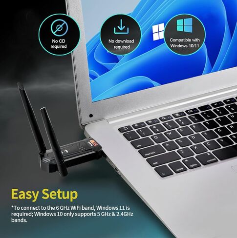 محول BE6500 Wi-Fi 7 USB WiFi لأجهزة الكمبيوتر المكتبية والكمبيوتر المحمول وبطاقة شبكة لاسلكية ثلاثية الموجات بسرعة 6452 ميجا بت في الثانية، وهوائيات عالية الكسب 5dBi، ومنفذ USB 3.0 بدون برنامج تشغيل لنظام التشغيل Windows 11/10 فقط in Kuwait