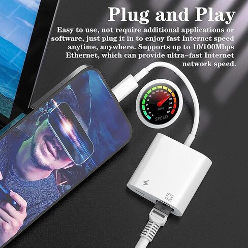 [Apple MFi Certified] Lightning to Ethernet Adapter for iPhone,2 in 1 LAN Ethernet Network to Lightning Adapter with Charging for iPhone 14/13/Pro Max/12/11/XS/XR/X/8/7/6/5 iPad White in Saudi Arabia