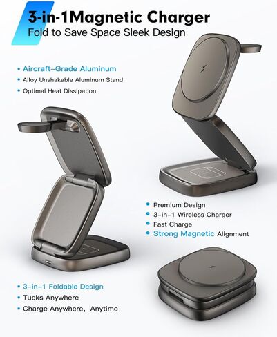 3-in-1 Magnetic Wireless Charging Station for Apple Devices - 15W Fast Charge with 30W Adapter, Foldable Aluminum Travel Dock for iPhone 17/16/15/14/13/12 Series, iWatch, AirPods in Saudi Arabia