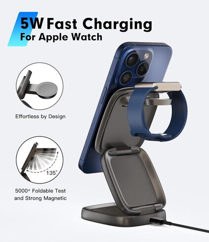 3-in-1 Magnetic Wireless Charging Station for Apple Devices - 15W Fast Charge with 30W Adapter, Foldable Aluminum Travel Dock for iPhone 17/16/15/14/13/12 Series, iWatch, AirPods in Saudi Arabia