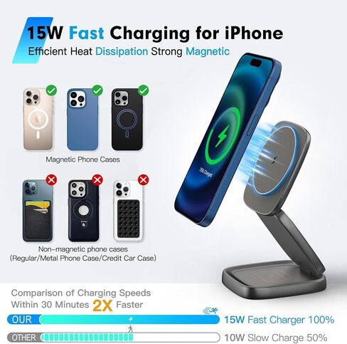 3-in-1 Magnetic Wireless Charging Station for Apple Devices - 15W Fast Charge with 30W Adapter, Foldable Aluminum Travel Dock for iPhone 17/16/15/14/13/12 Series, iWatch, AirPods in Saudi Arabia