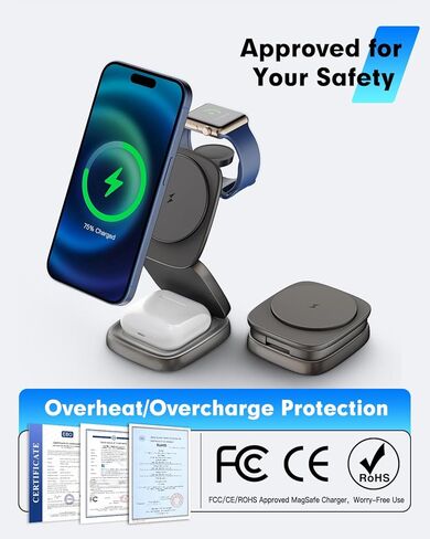 3-in-1 Magnetic Wireless Charging Station for Apple Devices - 15W Fast Charge with 30W Adapter, Foldable Aluminum Travel Dock for iPhone 17/16/15/14/13/12 Series, iWatch, AirPods in Saudi Arabia