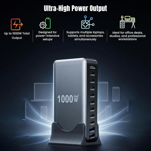 2026 Upgraded 1000W 10-Port GaN 4 Desktop Charging Station with 240W 6.6 ft Data Cable -USB Charger Block- Compatible with Tablets, Phones, Laptops, Gaming Consoles, Headphones in Saudi Arabia