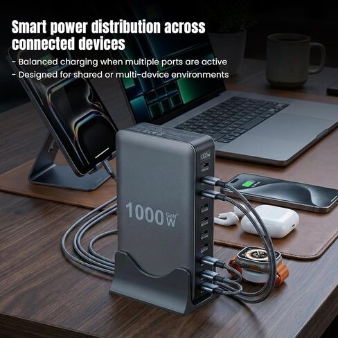 2026 Upgraded 1000W 10-Port GaN 4 Desktop Charging Station with 240W 6.6 ft Data Cable -USB Charger Block- Compatible with Tablets, Phones, Laptops, Gaming Consoles, Headphones in Saudi Arabia