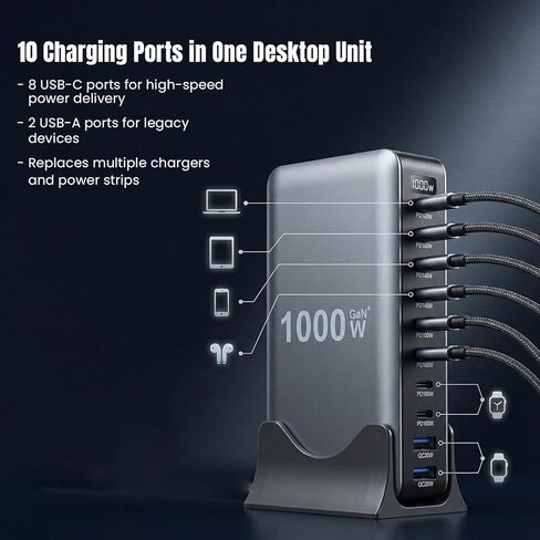 2026 Upgraded 1000W 10-Port GaN 4 Desktop Charging Station with 240W 6.6 ft Data Cable -USB Charger Block- Compatible with Tablets, Phones, Laptops, Gaming Consoles, Headphones in Saudi Arabia