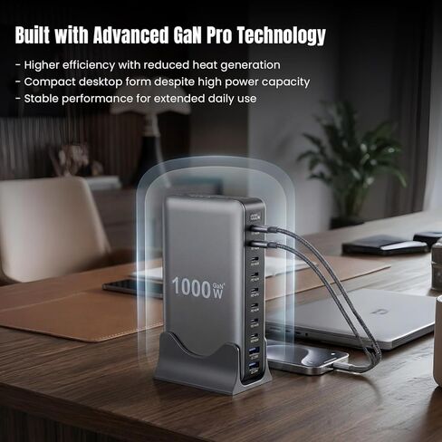 2026 Upgraded 1000W 10-Port GaN 4 Desktop Charging Station with 240W 6.6 ft Data Cable -USB Charger Block- Compatible with Tablets, Phones, Laptops, Gaming Consoles, Headphones in Saudi Arabia