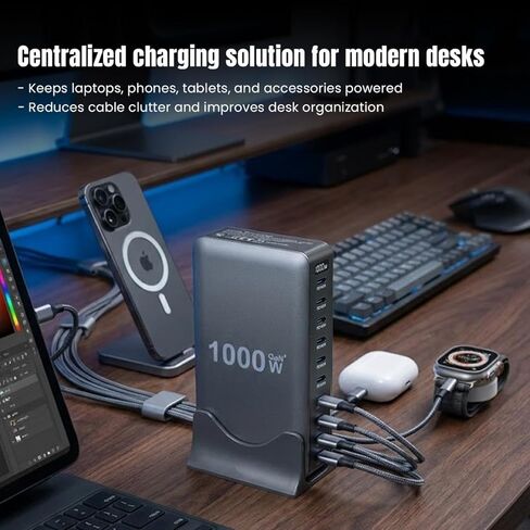 2026 Upgraded 1000W 10-Port GaN 4 Desktop Charging Station with 240W 6.6 ft Data Cable -USB Charger Block- Compatible with Tablets, Phones, Laptops, Gaming Consoles, Headphones in Saudi Arabia