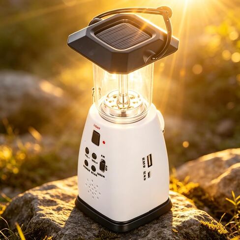Solar Hand Crank Emergency Lantern with FM Radio, 8 LED Camping Light, USB Charging Port, Waterproof IP44, Rechargeable Battery for Camping, Hiking, Fishing in Saudi Arabia