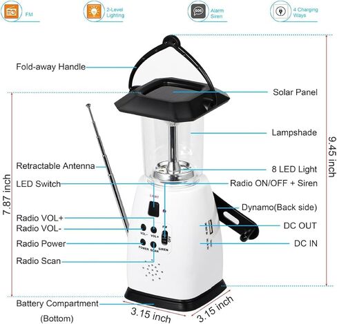 Solar Hand Crank Emergency Lantern with FM Radio, 8 LED Camping Light, USB Charging Port, Waterproof IP44, Rechargeable Battery for Camping, Hiking, Fishing in Saudi Arabia
