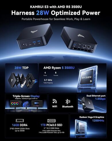 KAMRUI Mini PC, Ryzen 5 3500U (Beats N150/N97 Up to to 3.7 GHz), 16GB RAM 1TB SSD Mini Computers, Mini Desktop Computers Support Dual LAN, Triple 4K Display, WiFi, BT, Office, Home, Business in Saudi Arabia