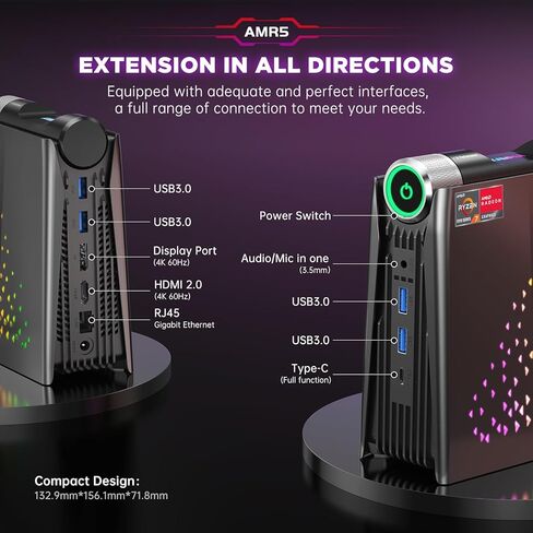 KAMRUI AMR5 Mini Gaming PC Triple 4K, 5700U (4.3GHz), 32GB DDR4 RAM 512GB PCIe NVMe SSD, Small Desktop Computer USB-C, 4 USB-A 3.2, HDMI, DP, Ethernet, WiFi 6 for Business Home Office in Saudi Arabia