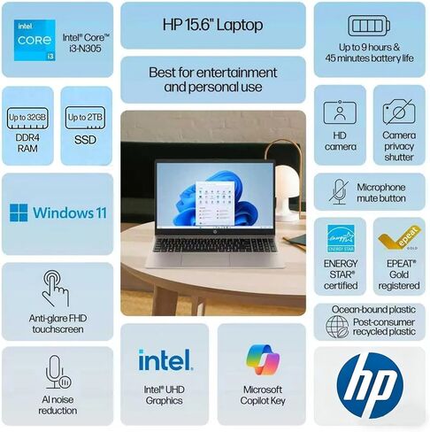 HP Latest 15.6" FHD Touchscreen Laptop for Business and Student | Intel 13th 8 Cores i3 CPU (Beat 11th i5) | 8GB RAM | 256GB SSD | AI Copilot Key | Long Battery Life | Wi-Fi 6 | Windows 11 | No Mouse in Saudi Arabia