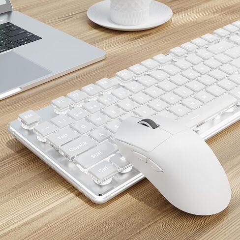 SEUNKWANG EWEADN X7S لوحة مفاتيح وماوس لاسلكيين مع أغطية مفاتيح بودنغ، لوحة معدنية، لوحة مفاتيح كمبيوتر وماوس قابلة لإعادة الشحن 2.4 جيجا، مجموعة هادئة تضيء لوحات مفاتيح لاسلكية كاملة الحجم - أبيض in Kuwait